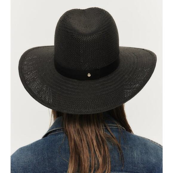 Janessa Leone Black Straw Hat Wide Brim Fedora Sz. Small - Picture 2 of 10